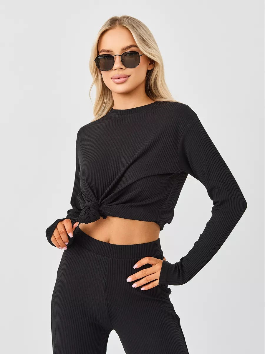 Damen cropped Langarmshirt mit modernem Knotendesign und feiner Rippstruktur Heidi-Mode
