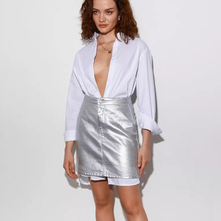 Damen figurbetonter Rock mit glänzendem Finish und hohem Bund Heidi-Mode