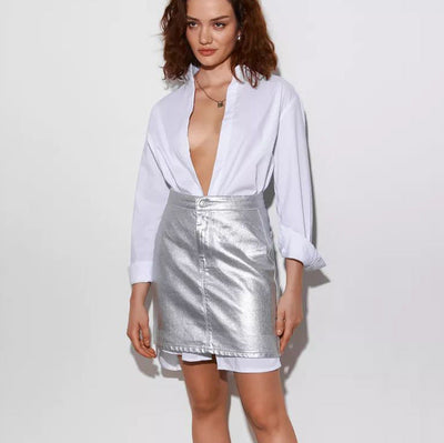 Damen figurbetonter Rock mit glänzendem Finish und hohem Bund Heidi-Mode