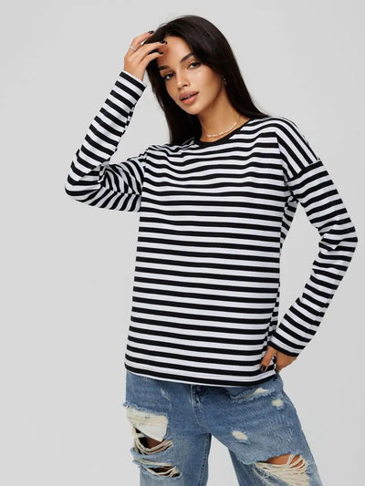 Damen lässiges Streifenoberteil mit weitem Schnitt und langen Ärmeln Heidi-Mode
