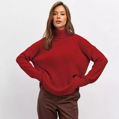 Damen Oversized Strickpullover mit hohem Kragen und seitlichen Schlitzen Heidi-Mode
