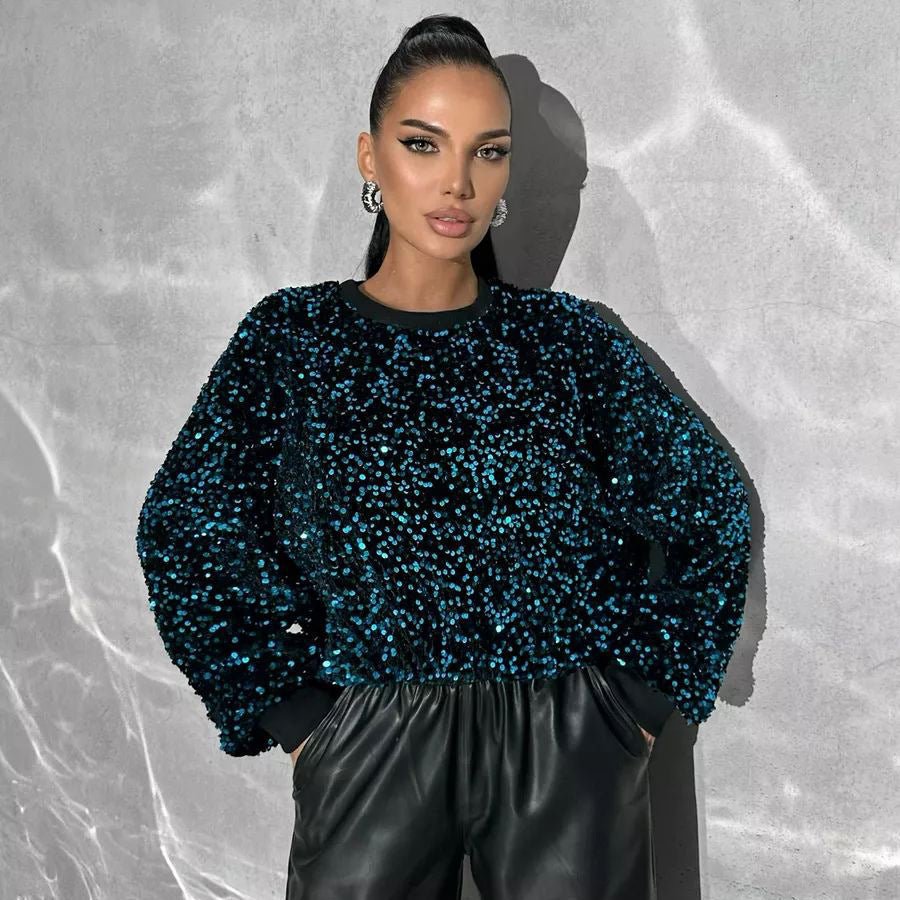 Damen Glitzernder Pullover mit oversized Schnitt und funkelndem Strass Heidi-Mode