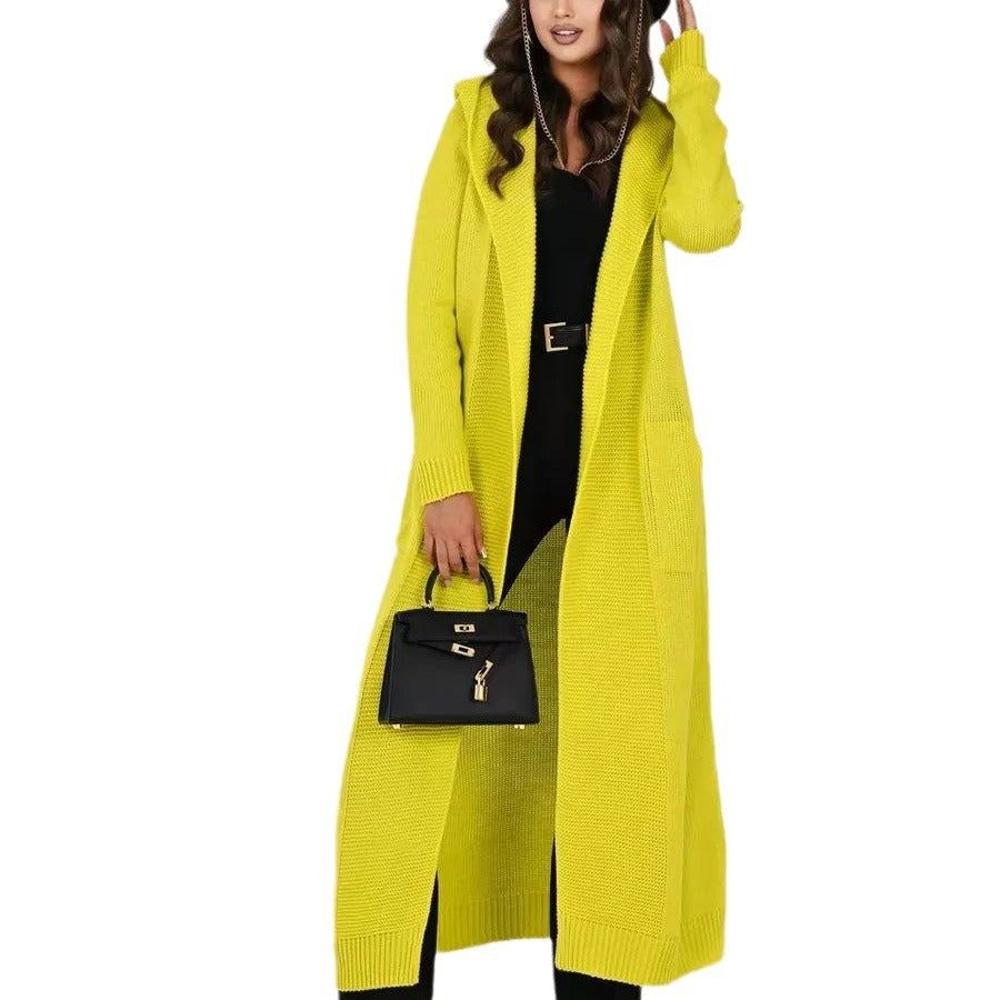 Damen Strickmantel mit Kapuze und seitlichen Taschen Heidi-Mode