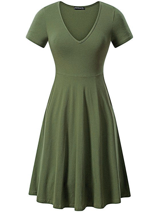 Damen A-Linien Kleid mit tiefem V-Ausschnitt und kurzem Ärmel Heidi-Mode