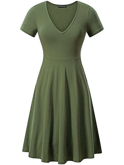 Damen A-Linien Kleid mit tiefem V-Ausschnitt und kurzem Ärmel Heidi-Mode