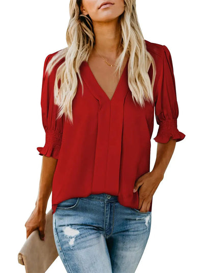 Damen elegante Bluse mit V-Ausschnitt und Rüschendetails Heidi-Mode