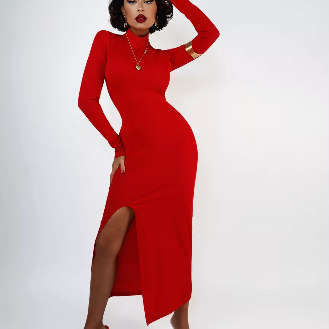 Damen elegantes Strickkleid mit hochgeschlossenem Rollkragen und seitlichem Schlitz Heidi-Mode