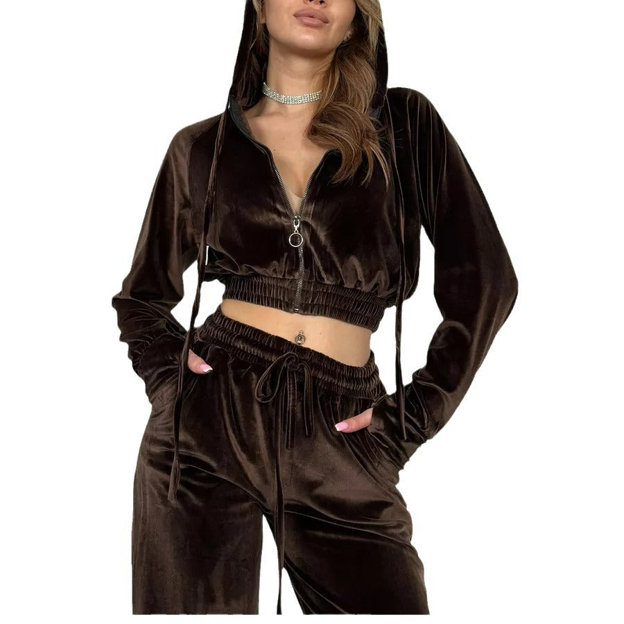 Damen Elegantes Sportset aus weichem Samt mit hohem Kragen und seitlichem Reißverschluss Heidi-Mode