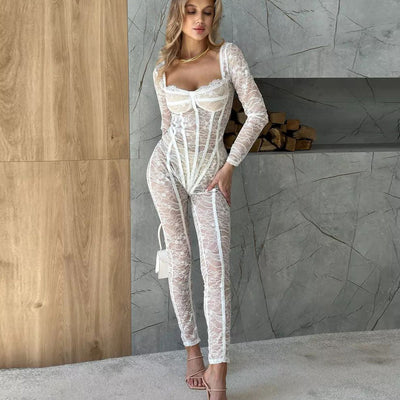 Damen figurbetonter Jumpsuit aus Spitze mit raffinierten Tülldetails Heidi-Mode