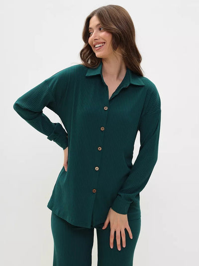 Damen gestreiftes Komfort-Set mit Knopfverschluss und lässigem Schnitt Heidi-Mode