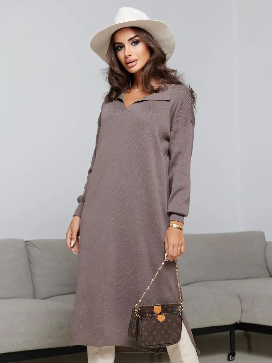 Damen legere Strickkleid mit klassischem Ausschnitt und eleganten Ärmelabschlüssen Heidi-Mode