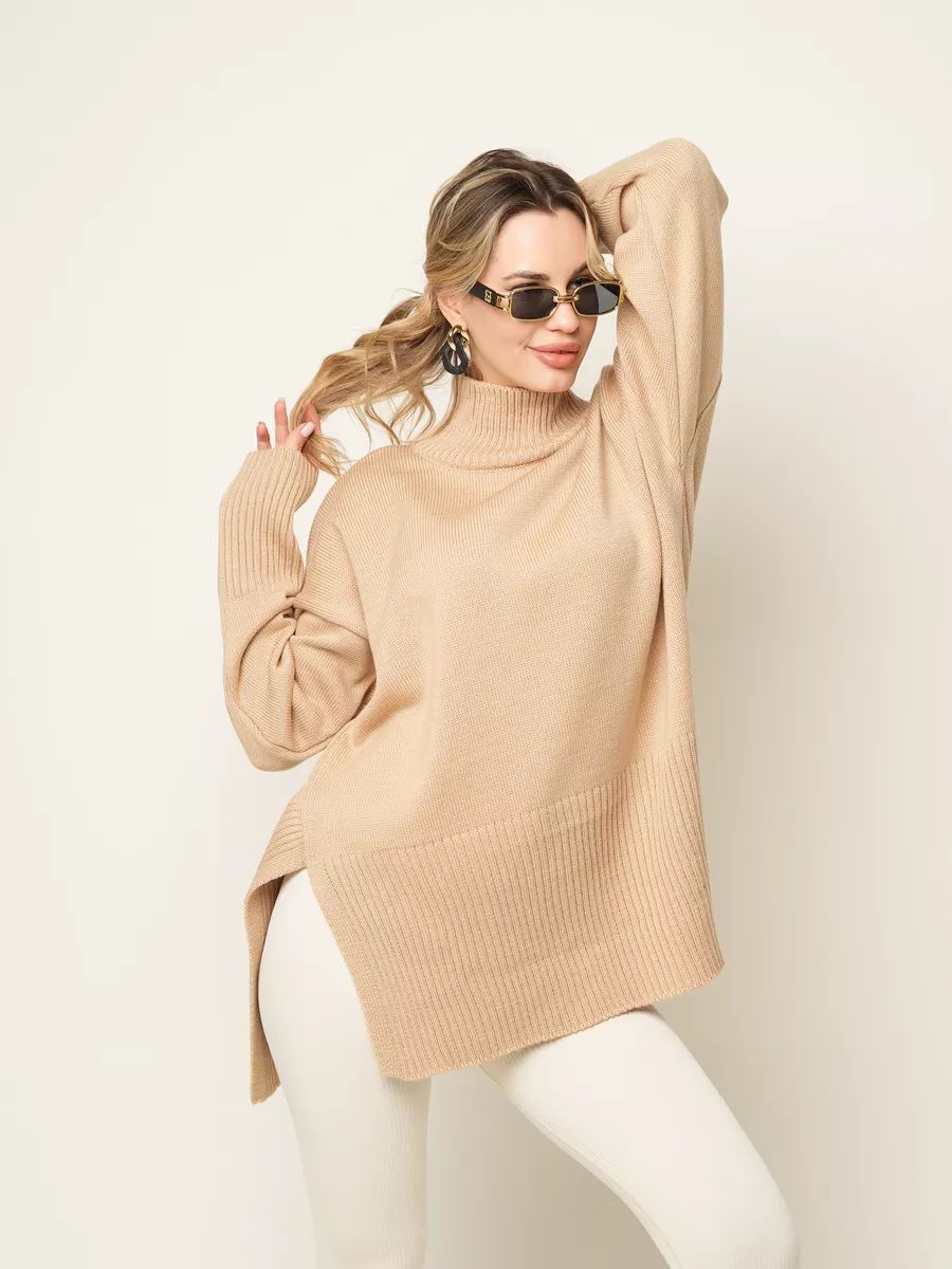 Damen lässiger Rollkragenpullover mit seitlichen Schlitzdetails und strukturiertem Design Heidi-Mode