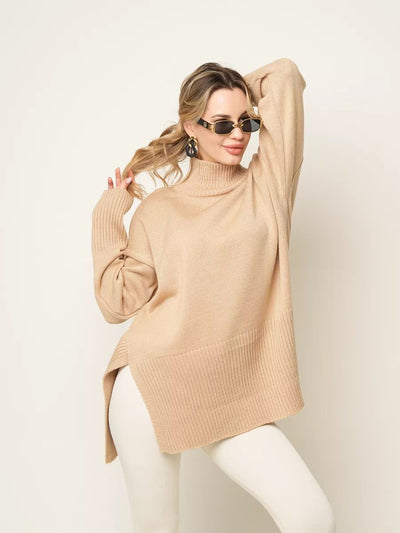 Damen lässiger Rollkragenpullover mit seitlichen Schlitzdetails und strukturiertem Design Heidi-Mode