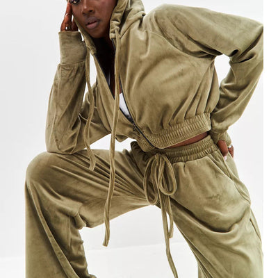 Damen Freizeit-Veloursset mit tailliertem Hoodie und geräumiger Hose Heidi-Mode