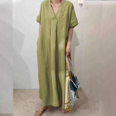 Damen Leichtes Sommerkleid mit V-Ausschnitt und kurzen Ärmeln Heidi-Mode