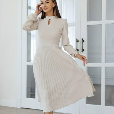 Damen elegantes Midi-Kleid mit Plisseedetails und Stehkragen Heidi-Mode