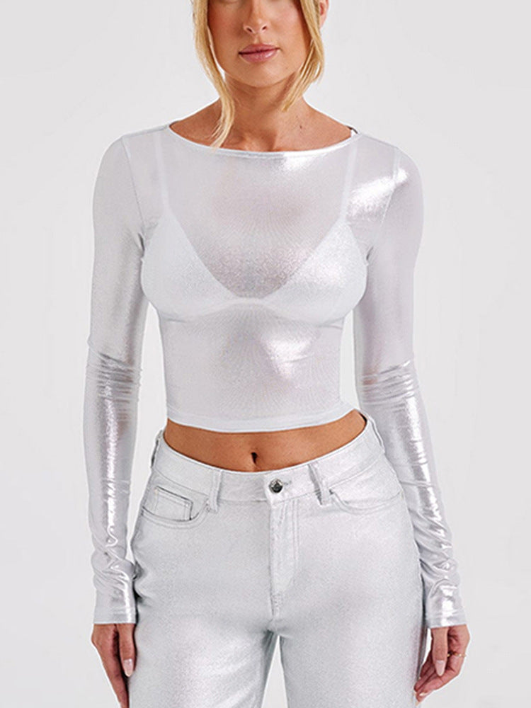 Damen Langarm Top aus schimmerndem Material mit figurbetontem Schnitt und elegantem Ausschnitt Heidi-Mode