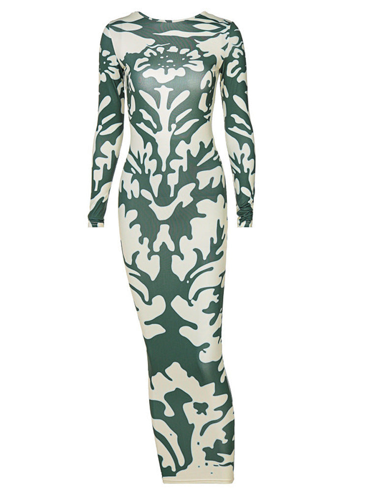 Damen figurbetontes Maxikleid mit tiefem Rückenausschnitt und einzigartigem Camouflage-Design Heidi-Mode