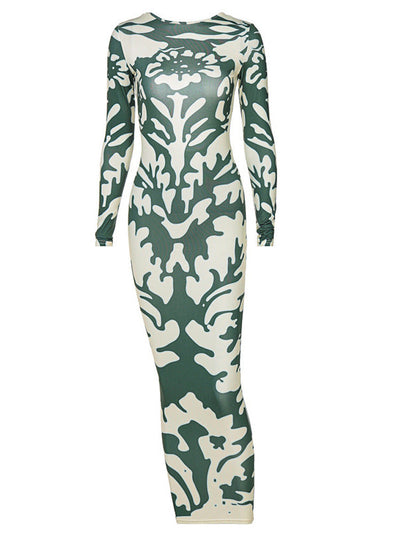 Damen figurbetontes Maxikleid mit tiefem Rückenausschnitt und einzigartigem Camouflage-Design Heidi-Mode
