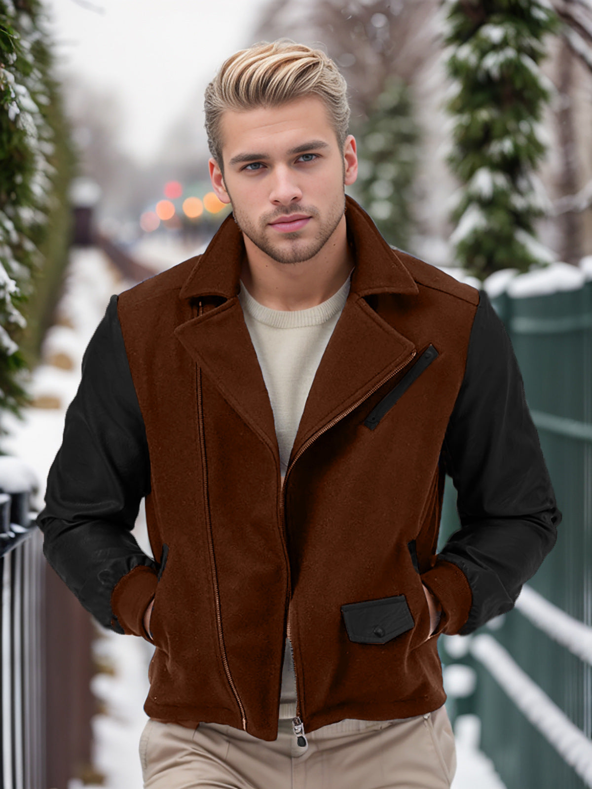 Herren Bikerjacke mit zwei Materialien und praktischen Taschen Aliams