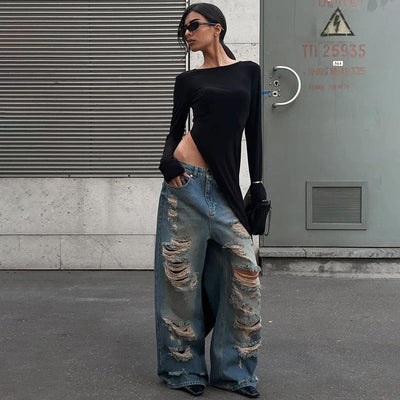 Damen elegantes Longsleeve Oberteil mit seitlichem Schlitz und weiten Ärmeln Heidi-Mode