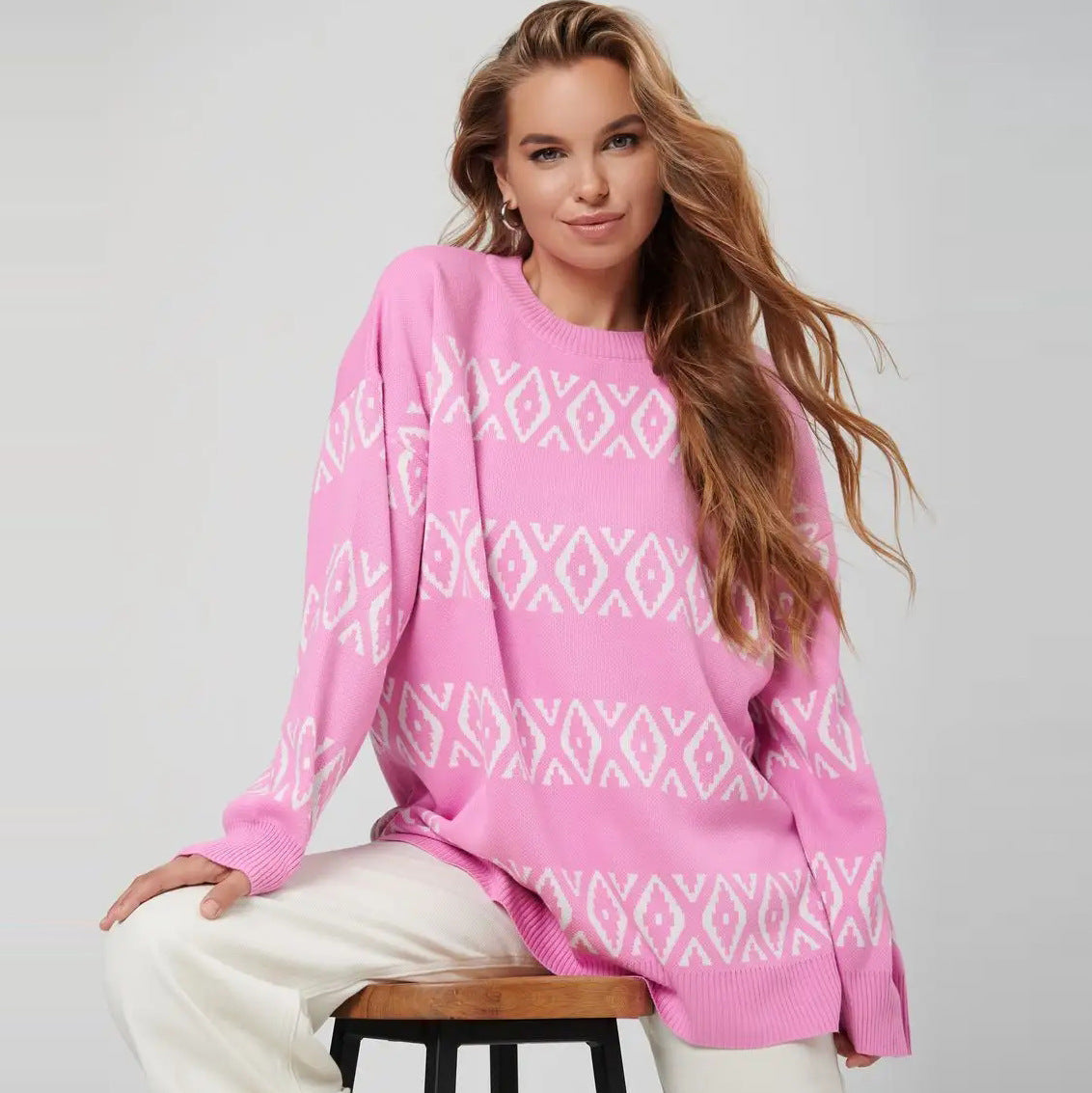 Damen lässiger Strickpullover mit geometrischem Muster Heidi-Mode