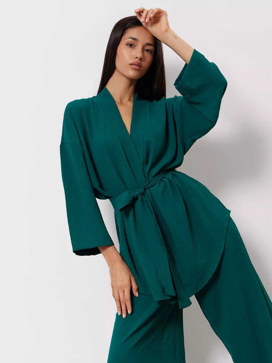 Damen eleganter Kimono-Style Morgenmantel mit stilvollem Gürtel und langen Ärmeln Heidi-Mode