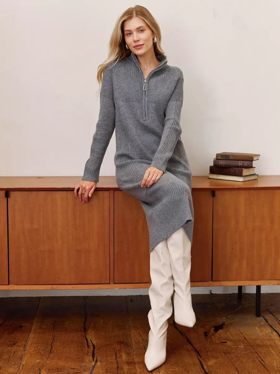 Damen Strickdress mit hochschließendem Kragen und Reißverschluss Heidi-Mode