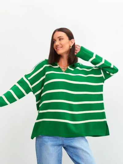 Damen lässiger Strickpullover mit klassischem Polokragen und modischem Streifenmuster Heidi-Mode