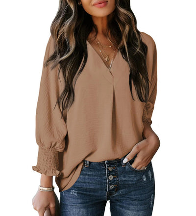 Damen luftige Bluse mit V-Ausschnitt und Puffärmeln Heidi-Mode