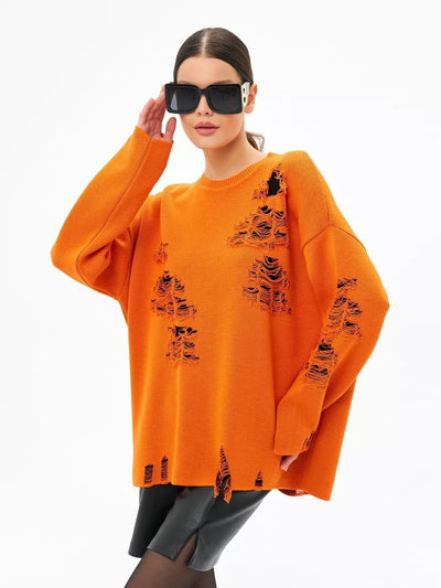 Damen Oversized Strickpullover mit modernem Distressed-Design und lässigen Fransen Heidi-Mode
