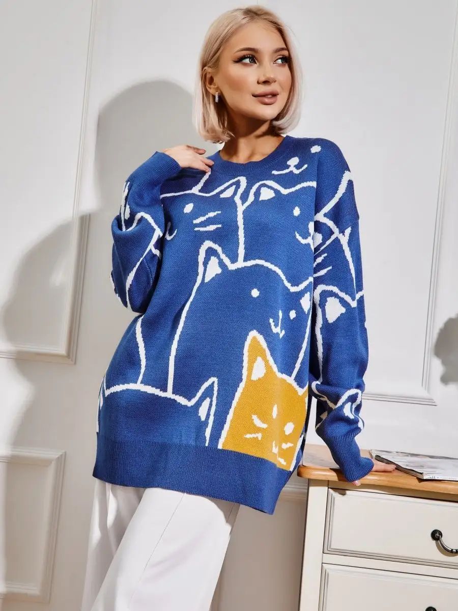 Damen stylischer Pullover mit Katzenmotiv und lässigem Schnitt Heidi-Mode