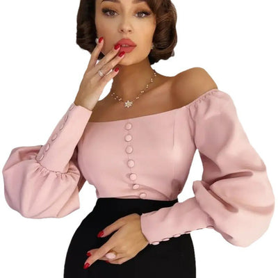 Damen Off-Shoulder Bluse mit eleganten Puffärmeln und Knopfdetails Heidi-Mode