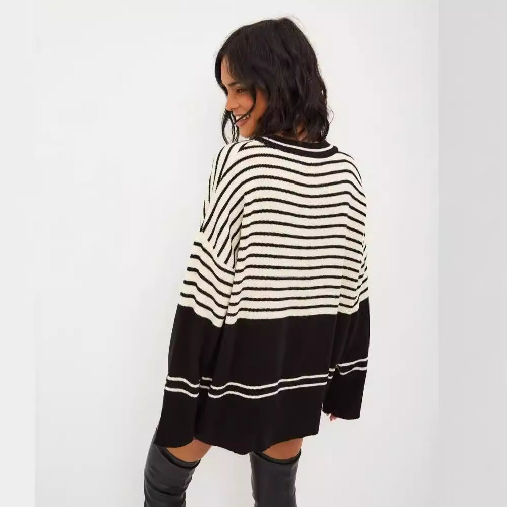 Damen lässiger Strickpullover mit breitem Streifenmuster und lässigem Schnitt Heidi-Mode