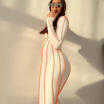 Damen figurbetontes Midikleid mit modernen Streifen und langen Ärmeln Heidi-Mode