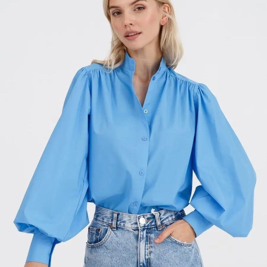 Damen Bluse mit Puffärmeln und hohem Kragen Heidi-Mode