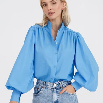 Damen Bluse mit Puffärmeln und hohem Kragen Heidi-Mode