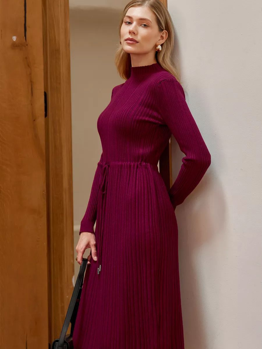 Damen Strickkleid mit Taillenkordelzug und elegantem Stehkragen Heidi-Mode