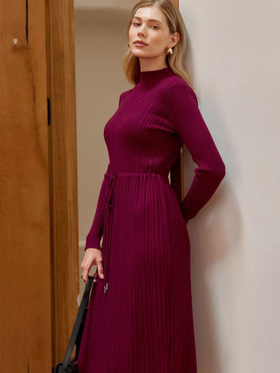 Damen Strickkleid mit Taillenkordelzug und elegantem Stehkragen Heidi-Mode