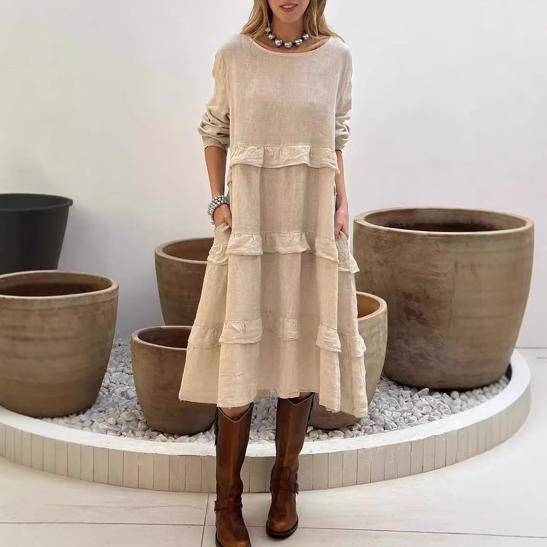 Damen Leinenkleid mit voluminösem Schichten-Design und seitlichen Taschen Heidi-Mode