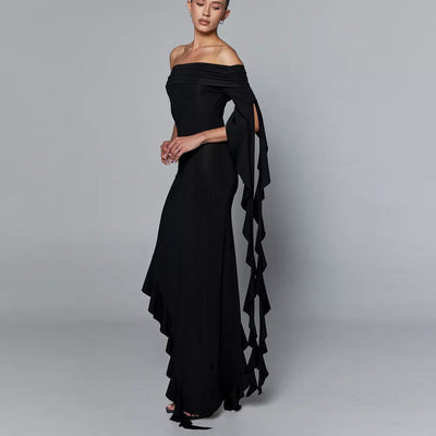 Damen elegantes Etuikleid mit asymmetrischem Ausschnitt und Rüschendetails Heidi-Mode