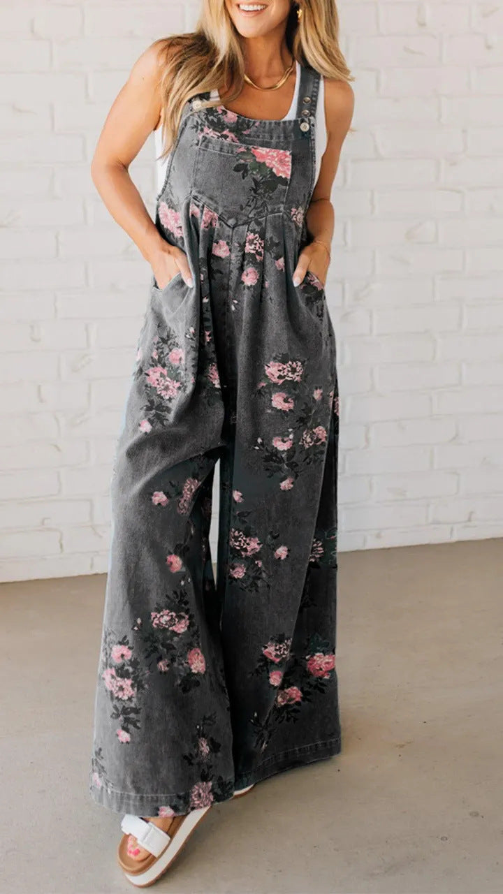 Damen Baumwoll-Overall mit floralem Druck und weiten Beinen Heidi-Mode