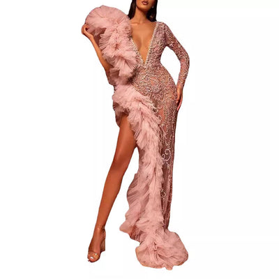 Damen Glamouröses Abendkleid mit funkelnden Pailletten und voluminösen Rüschendetails Heidi-Mode