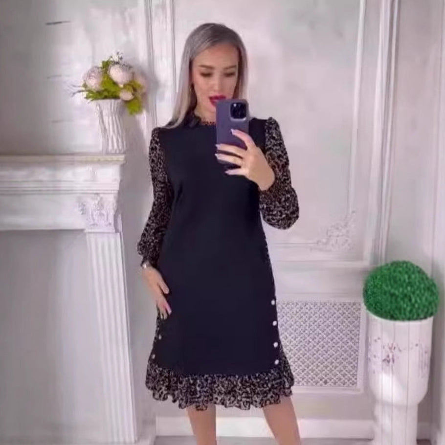 Damen Kleines Schwarzes Kleid mit Tiermuster und Rüschensaum Heidi-Mode