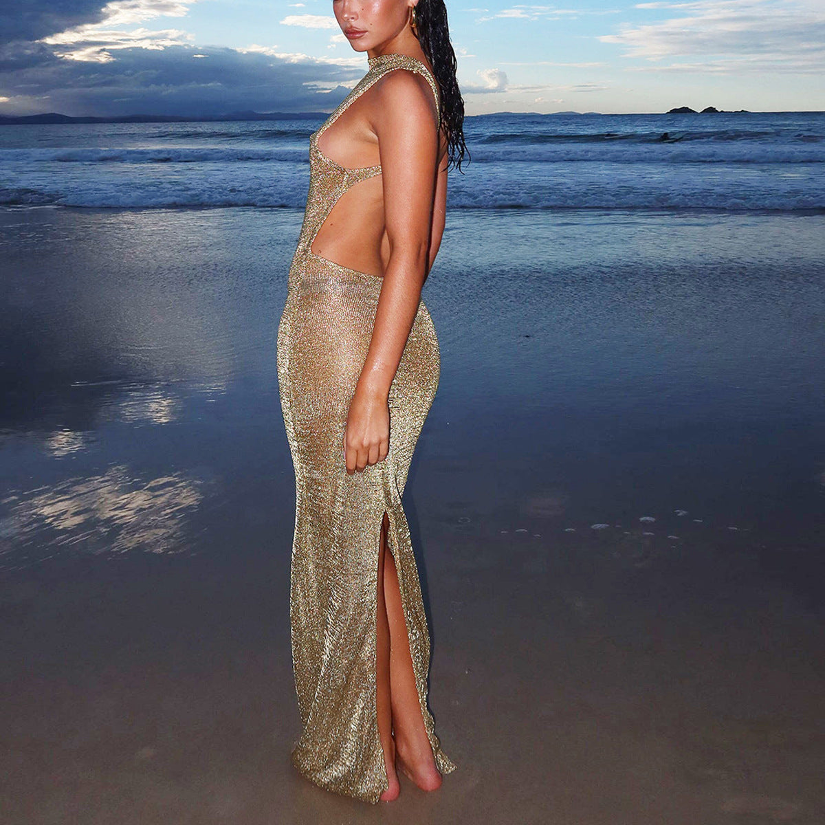 Damen Maxikleid mit seitlichem Schlitz und fließendem Glitzerstoff Heidi-Mode