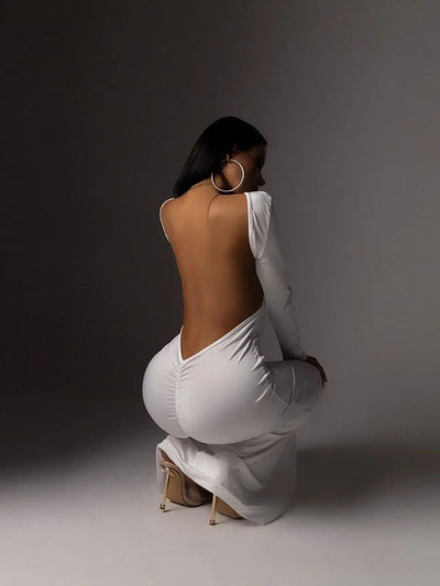 Damen Elegantes Maxikleid mit tiefem Rückenausschnitt und langen Ärmeln Heidi-Mode