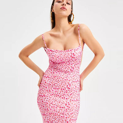 Damen figurbetontes Sommerkleid mit zartem Blumenmuster und Spaghettiträger Heidi-Mode