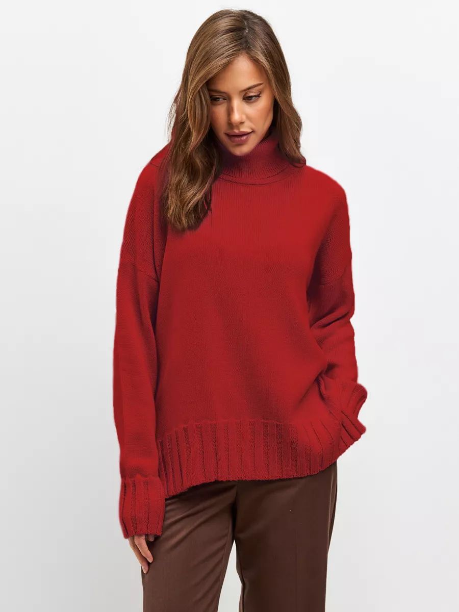 Damen Oversized Strickpullover mit hohem Kragen und seitlichen Schlitzen Heidi-Mode