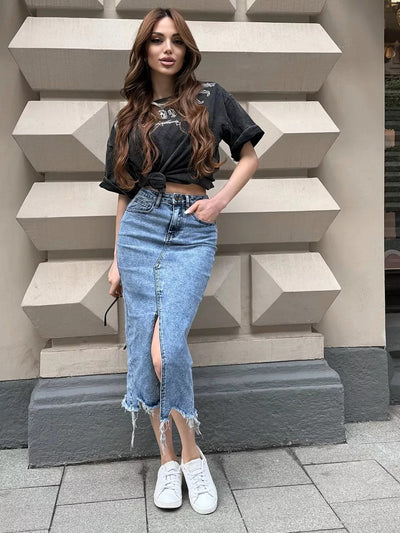 Damen Midirock mit seitlichem Schlitz und fransigem Saum Heidi-Mode