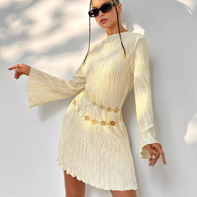 Damen Plissiertes Mini-Kleid mit langem Arm und elegantem Stehkragen Heidi-Mode